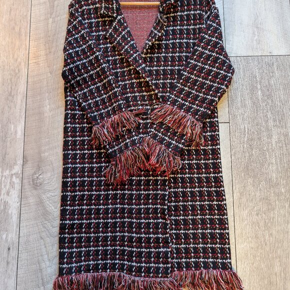 Simply Couture Retro Plaid Tweed Fringe Long Sweater Coat | Size Small - Picture 10 of 15